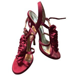 Jacqueline Ferrar Womens Burgundy Satin Strappy Heeled Sandals Size 8